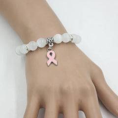 Breast Cancer Awareness Jewelry: White Pink Opal Beaded Bracelet with Pink Ribbon Charm Bracelets