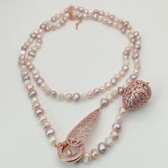 Multi-Color Potato Freshwater Pearl Necklace: Rose Gold-Plated Connector Sweater Chain