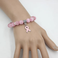 Breast Cancer Awareness Jewelry: White Pink Opal Beaded Bracelet with Pink Ribbon Charm Bracelets