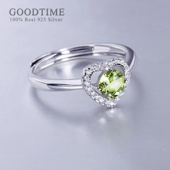 Charming 925 Sterling Silver Love Heart Ring with Green Peridot & Zircon Rhinestones for Women