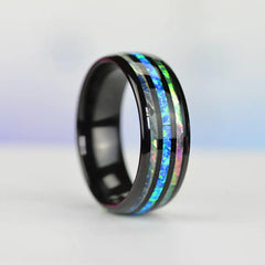 Stylish Rose Gold Tungsten Wedding Band for Men with Abalone Shell and Blue Opal Inlay