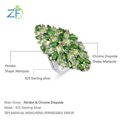 GZ ZONGFA 925 Sterling Silver Ring with Natural Chrome Diopside & Peridot for Women