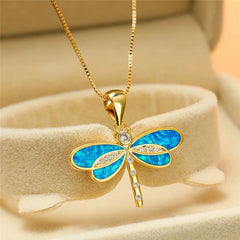 Fashion Gold Plated White Simulated Opal Dragonfly Pendant Necklace