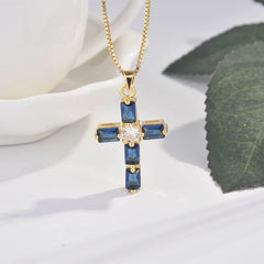 Real Solid 18k Yellow Gold Cross Pendant Necklace: Simple Design with Sapphire Pendant