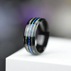 Stylish Rose Gold Tungsten Wedding Band for Men with Abalone Shell and Blue Opal Inlay