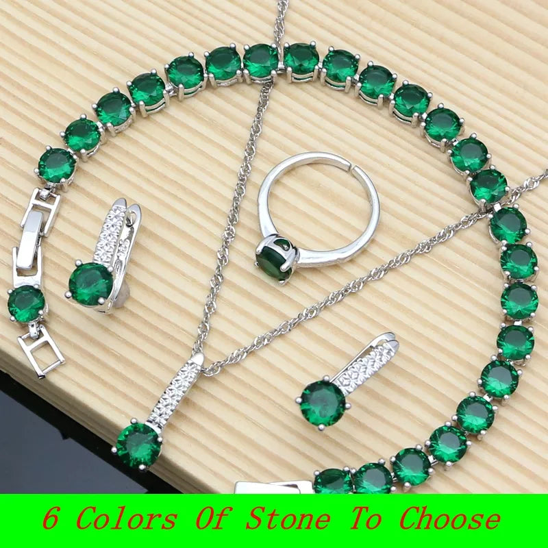 Silver 925 Jewelry Set with Natural Green Emerald: Earrings, Bracelet, Resizable Ring, Birthstone Fashion Necklace Set