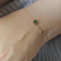 925 Sterling Silver Japanese Simple Emerald Crystal Chain Bracelet: Light Luxury Temperament, 14k Gold Plating for Women