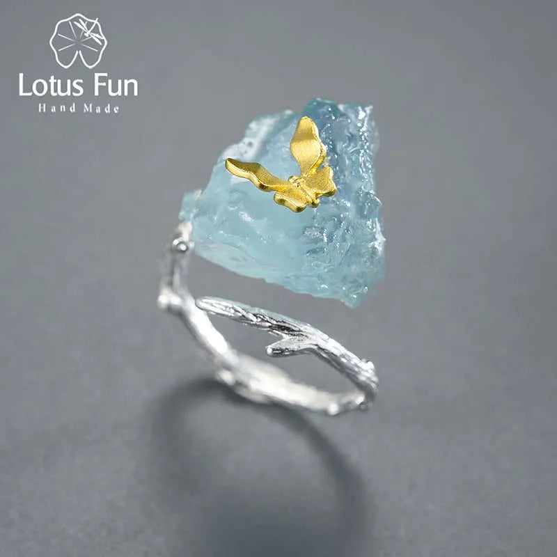 Fluttering Beauty: Lotus Fun Adjustable Aquamarine Butterfly Ring in 925 Sterling Silver