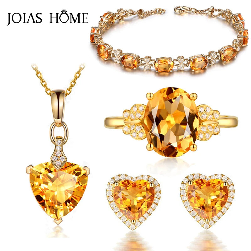 JoiasHome 925 Sterling Silver Jewelry Sets For Women Earrings Rings Necklace Bracelets Yellow Gemstone Classic Wedding Wholesale