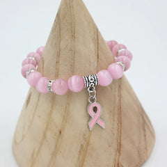 Breast Cancer Awareness Jewelry: White Pink Opal Beaded Bracelet with Pink Ribbon Charm Bracelets