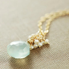 March Birthstone Beauty: Aquamarine Blue Gemstone Pendant Necklace with Seafoam Chalcedony and Seed Pearl Accents