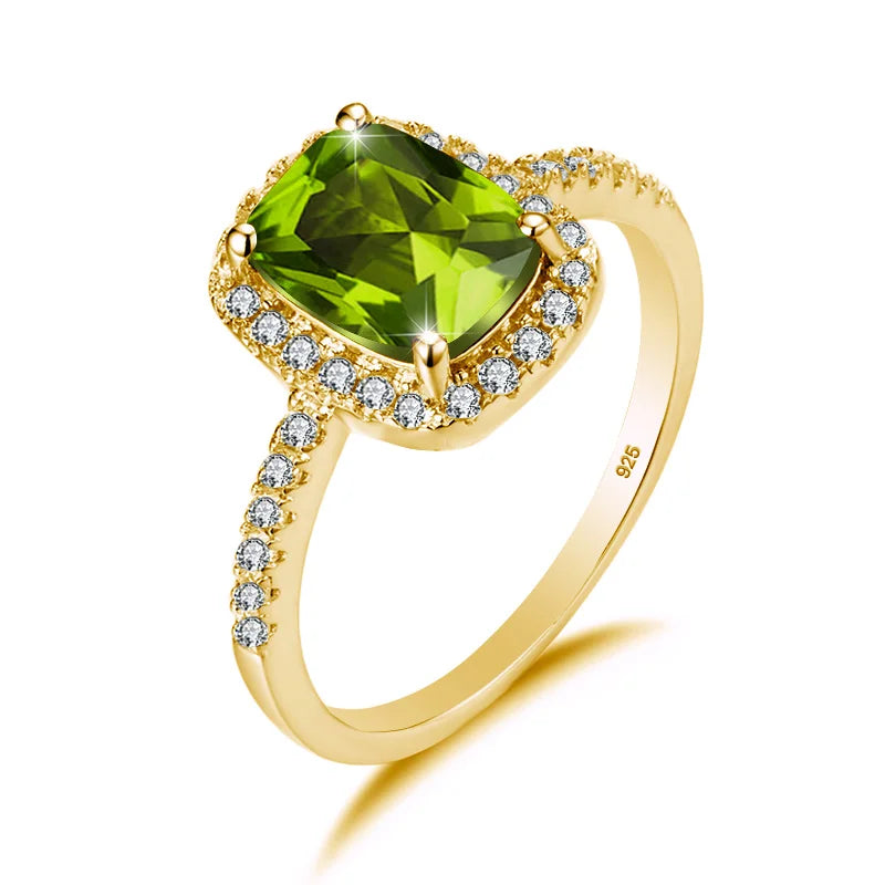 Female Genuine Gold 585 Plated Rings Peridot Green Stone Zircon Real 925 Silver Ring Woman Wedding Fine Jewelry