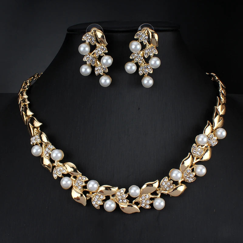 Imitation Pearl Necklace Earrings Dubai Wedding Jewelry Set for Women Dresses Accessories Gold Colors