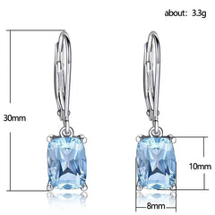 Chic Silver Color Sparkling Princess Cut Aquamarine Dangle Drop Leverback Earrings for Women Birthday Jewelry