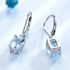 Chic Silver Color Sparkling Princess Cut Aquamarine Dangle Drop Leverback Earrings for Women Birthday Jewelry