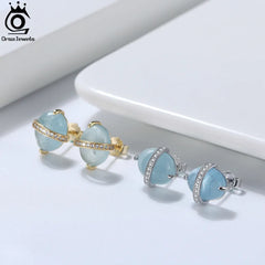 ORSA JEWELS Exquisite Oval Shape Natural Aquamarine Stud Earrings in Solid 925 Sterling Silver for women Earings Jewelry GME04