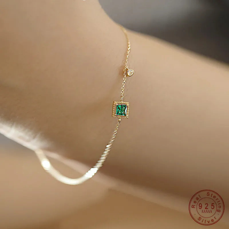 925 Sterling Silver Japanese Simple Emerald Crystal Chain Bracelet: Light Luxury Temperament, 14k Gold Plating