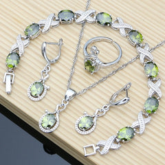 925 Sterling Silver Jewelry Set: Elegant Olive Green Topaz Earrings, Bracelet, and Necklace for Women