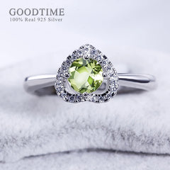 Charming 925 Sterling Silver Love Heart Ring with Green Peridot & Zircon Rhinestones for Women