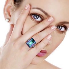 JoiasHome Rainbow Fire Mystic Topaz Ring: Top-Quality Square Gemstone Charm for Women