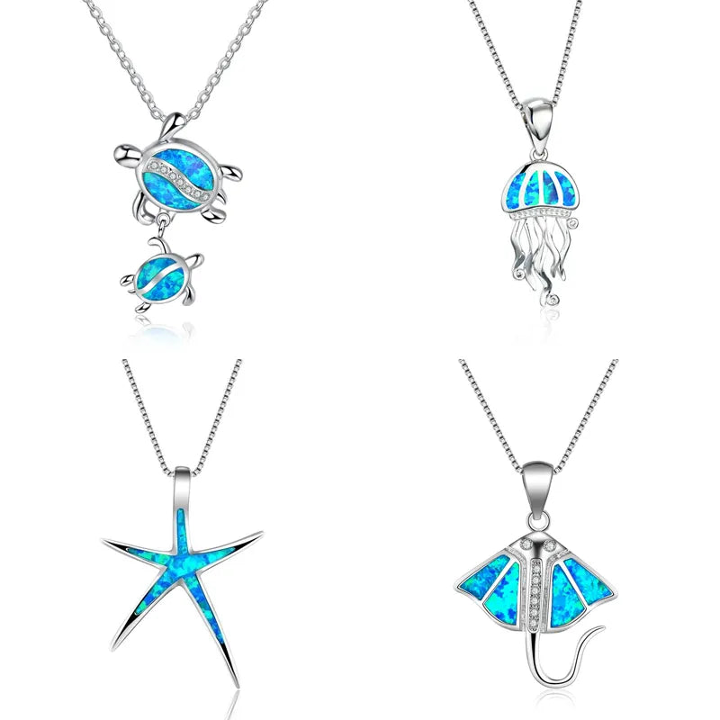 Bohemia Blue Imitation Opal Starfish Pendant Necklace: Charming Crystal Animal Turtle Necklace for Women