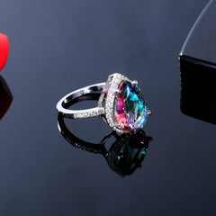 S925 Mystical Rainbow Topaz Dripping Ring: Ladies' Sterling Silver Jewelry