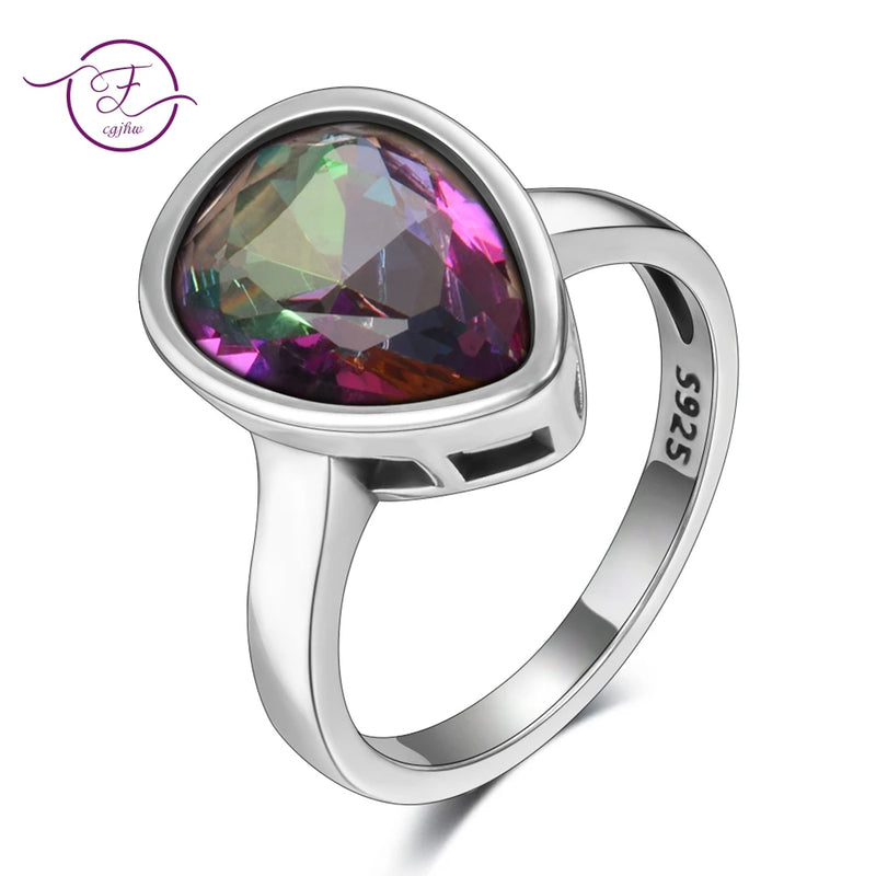 Authentic 925 Sterling Silver Water Drop Rainbow Fire Mystic Topaz Ring: Exquisite Jewelry for Women