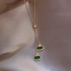 14K Real Gold Emerald Sector Crystal Chain Pendant Necklace