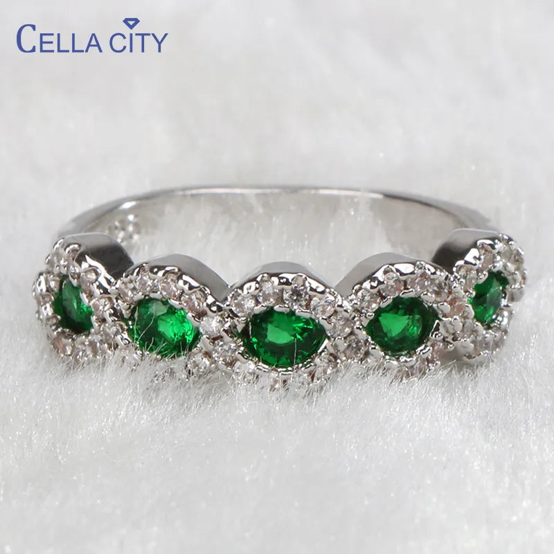 Cellacity Fashion Wave-Shaped Silver 925 Jewelry: Emerald Ruby Ring for Women, Round Gemstones