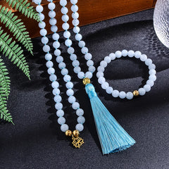 Spiritual Harmony: 108 Beaded 8mm Aquamarine Japamala Necklace and Bracelet Set - Meditation and Yoga Spiritual Energy Jewelry