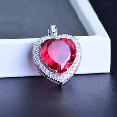 Timeless Romance: Love Heart Pendant Necklace with Red Crystal, Ruby Gemstones, and Diamonds for a Classic Touch