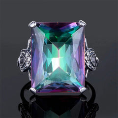 JoiasHome Rainbow Fire Mystic Topaz Ring: Top-Quality Square Gemstone Charm for Women