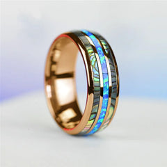 Stylish Rose Gold Tungsten Wedding Band for Men with Abalone Shell and Blue Opal Inlay