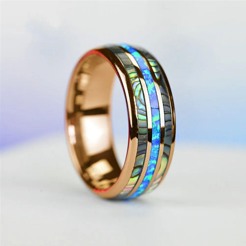 Stylish Rose Gold Tungsten Wedding Band for Men with Abalone Shell and Blue Opal Inlay