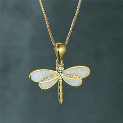 Fashion Gold Plated White Simulated Opal Dragonfly Pendant Necklace