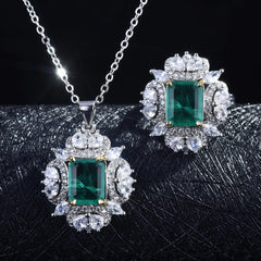 Luxury Simulation Square Emerald Jewelry Sets For Women Pendant Necklaces Stud Earrings Rings For Women Wedding Gift Jewelry