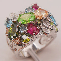 Red Crystal Zircon Morganite Peridot 925 Sterling Silver Ring Size 6 7 8 9 10 F663