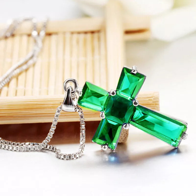 Classic Cross Pendant Necklace for Women: Created Emerald Stone, Fashion Crucifix Design