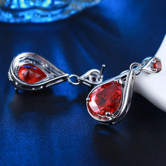 Elegant Glamour: Luxury Red Stone CZ Dangle Earrings with Water Drop Design