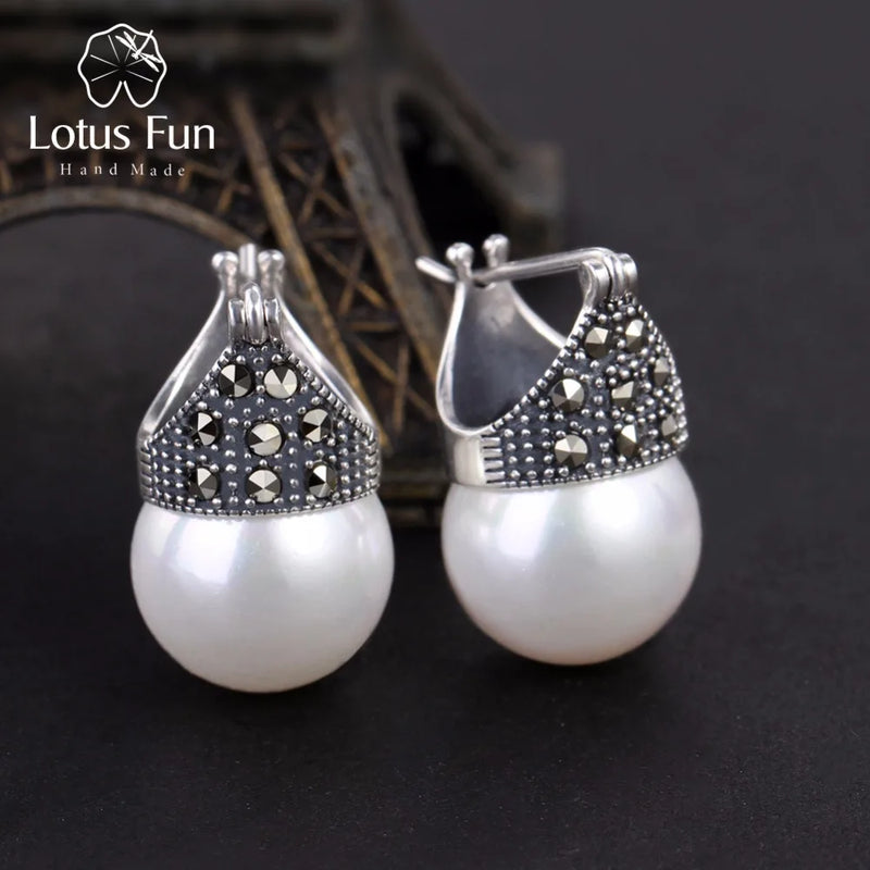 Lotus Fun Real 925 Sterling Silver Natural Mother of Pearl Earrings: Vintage Fashion Drop Earrings for Women