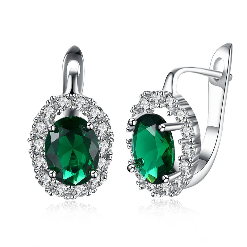 White Gold Color Clip Earrings for Women: Green Crystal Oval Emerald