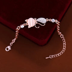 Bluelans Lovely Cat Pendant Opal Rhinestone Bangle Bracelet Chain for Women