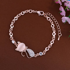 Bluelans Lovely Cat Pendant Opal Rhinestone Bangle Bracelet Chain for Women