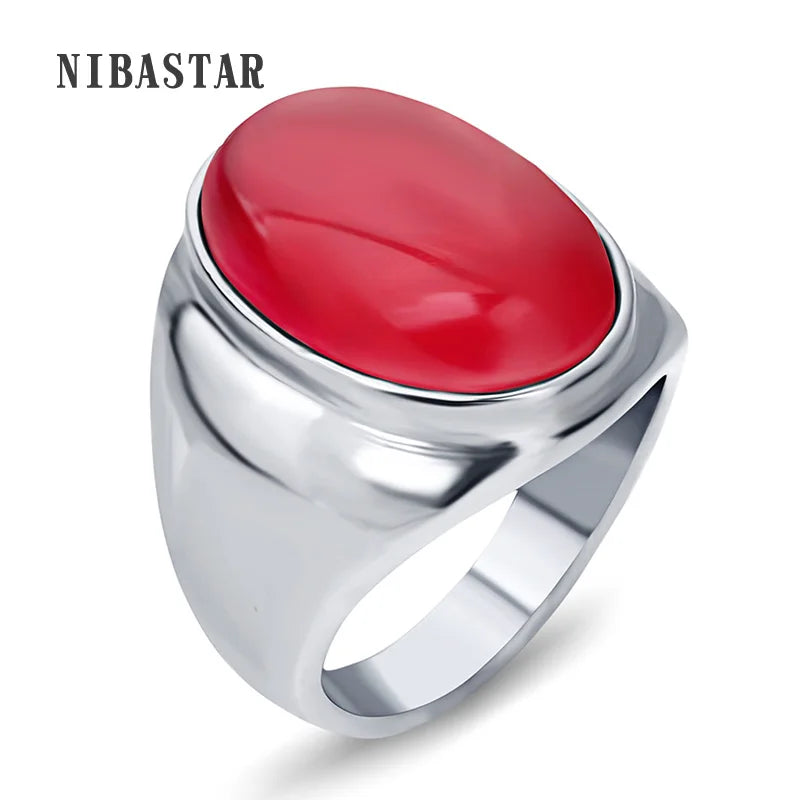 Fashion Stainless Steel Pretty White/Red Brown Opal Rings: Oval Shape Charm Ladies Stone Jewelry for Men