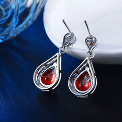 Elegant Glamour: Luxury Red Stone CZ Dangle Earrings with Water Drop Design