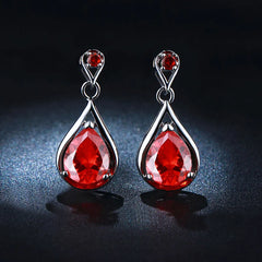 Elegant Glamour: Luxury Red Stone CZ Dangle Earrings with Water Drop Design