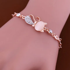 Bluelans Lovely Cat Pendant Opal Rhinestone Bangle Bracelet Chain for Women