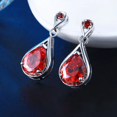 Elegant Glamour: Luxury Red Stone CZ Dangle Earrings with Water Drop Design