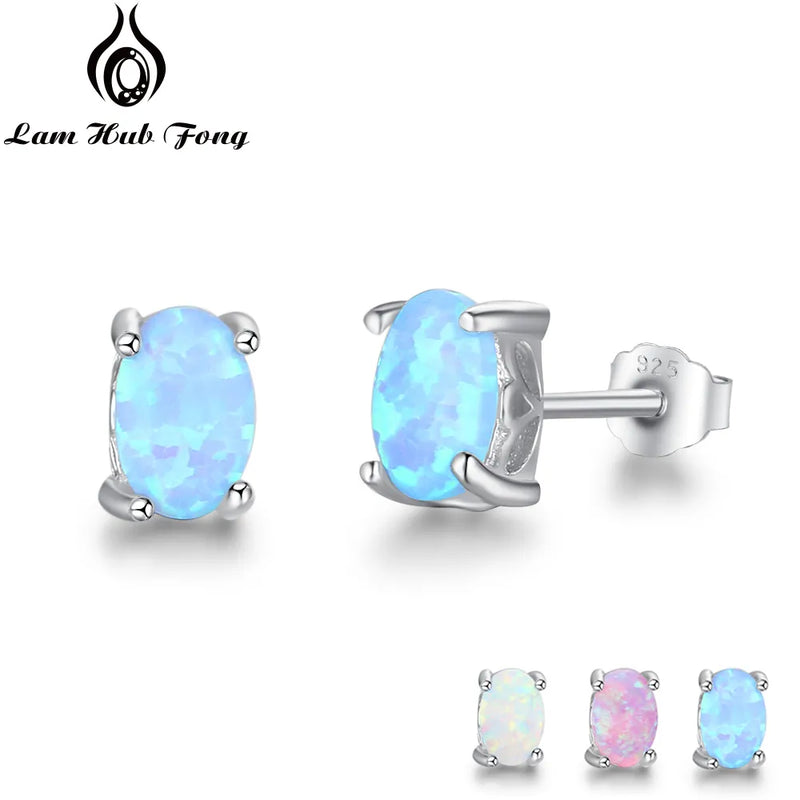 925 Sterling Silver Stud Earrings for Women: Cute 4mm Created Oval White, Pink, Blue Fire Opal Earrings