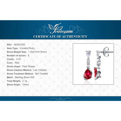 Pear Perfection: 1.9ct Created Red Ruby Drop Earrings in 925 Sterling Silver - Gemstone Jewelry for a Valentine's Gift